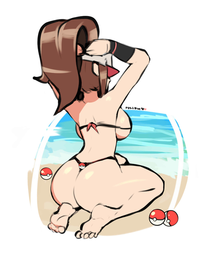 1girl absurdres ass back bare_shoulders barefoot baseball_cap bikini breasts brown_hair creatures_(company) feet from_behind game_freak hat highres large_breasts nintendo poke_ball poke_ball_(generic) pokemon pokemon_(game) pokemon_bw postblue98 seiza sitting sketch solo swimsuit toes touko_(pokemon) white_background