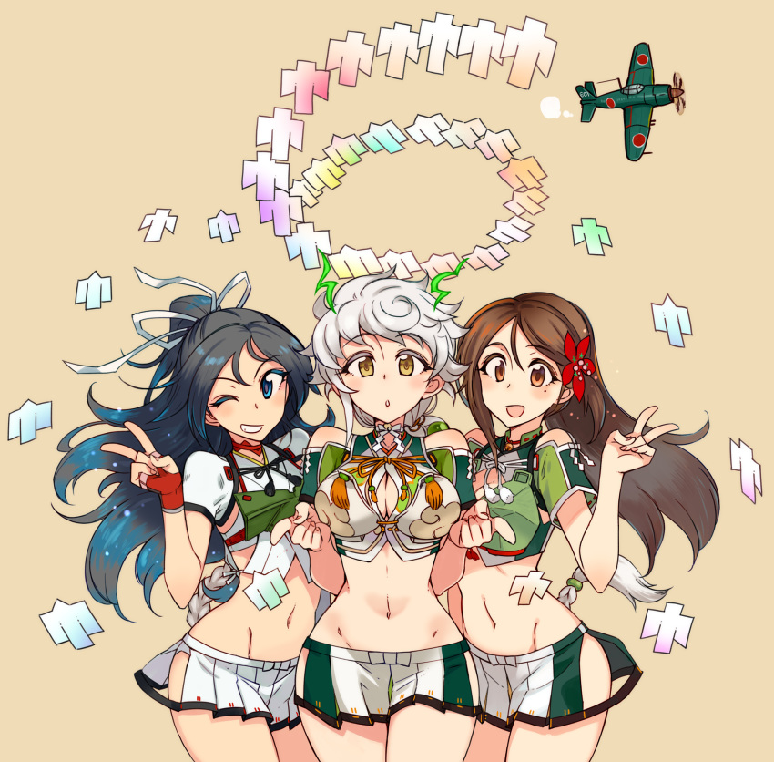 3girls :d :o aircraft airplane amagi_(kantai_collection) asymmetrical_hair bangs black_hair blue_eyes braid breasts brown_eyes brown_hair cleavage_cutout cloud_print colored_eyelashes cowboy_shot crop_top detached_sleeves elbow_gloves eyebrows_visible_through_hair fingerless_gloves flower gloves gradient_hair grin hair_flower hair_ornament hair_ribbon high_ponytail highres hip_vent jitome kantai_collection katsuragi_(kantai_collection) kusanagi_tonbo large_breasts leaf_hair_ornament long_braid long_hair looking_at_viewer midriff mole mole_under_eye multicolored_hair multiple_girls navel one_eye_closed open_mouth parted_bangs pleated_skirt pointing pointing_at_viewer ponytail remodel_(kantai_collection) ribbon shikigami short_sleeves sidelocks silver_hair simple_background single_braid skirt small_breasts smile standing stomach thighhighs thighs two-tone_hair unryuu_(kantai_collection) v very_long_hair wavy_hair white_ribbon wide_ponytail yellow_background yellow_eyes zettai_ryouiki