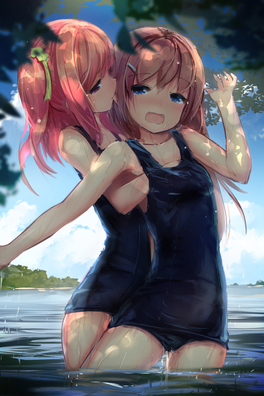 2girls arm_up bangs bare_arms bare_shoulders biting blue_eyes blue_sky blue_swimsuit blurry blurry_foreground blush breast_grab brown_hair cloud cloudy_sky collarbone cowboy_shot day depth_of_field ear_biting eyebrows_visible_through_hair grabbing green_ribbon hair_between_eyes hair_ornament hair_ribbon hairclip half-closed_eyes hand_under_clothes hand_under_swimsuit heart heart-shaped_pupils highres horizon long_hair looking_at_viewer missile228 multiple_girls nose_blush ocean old_school_swimsuit one-piece_swimsuit one_side_up open_mouth original outdoors outstretched_arm pink_hair purple_eyes ribbon school_swimsuit shadow sky standing swimsuit symbol-shaped_pupils very_long_hair wading water wet wet_clothes wet_swimsuit yuri