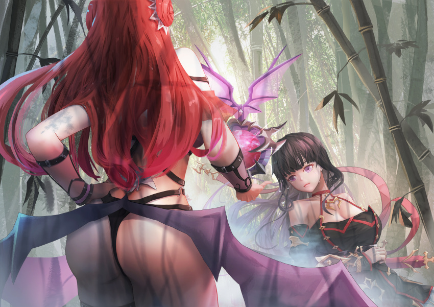 2girls armor ass bamboo bamboo_forest bare_shoulders black_hair breasts cleavage double_bun dreamkite erze_(king's_raid) forest from_behind highres king's_raid large_breasts long_hair multiple_girls nature orb purple_eyes ready_to_draw red_hair seria_(king's_raid) sheath sheathed siblings sisters sword tears thong vampire very_long_hair weapon wings