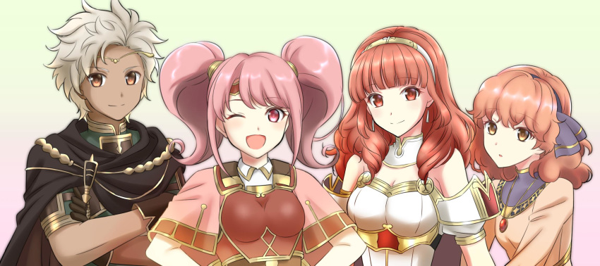 1boy 3girls boey_(fire_emblem) breastplate brown_eyes cape celica_(fire_emblem) circlet closed_mouth crossed_arms dark_skin dark_skinned_male detached_collar earrings fire_emblem fire_emblem_echoes:_mou_hitori_no_eiyuuou hairband highres jenny_(fire_emblem) jewelry kakiko210 long_hair mae_(fire_emblem) multiple_girls necklace nintendo one_eye_closed open_mouth parted_lips pink_eyes pink_hair red_eyes red_hair short_hair short_sleeves simple_background smile twintails upper_body white_hair
