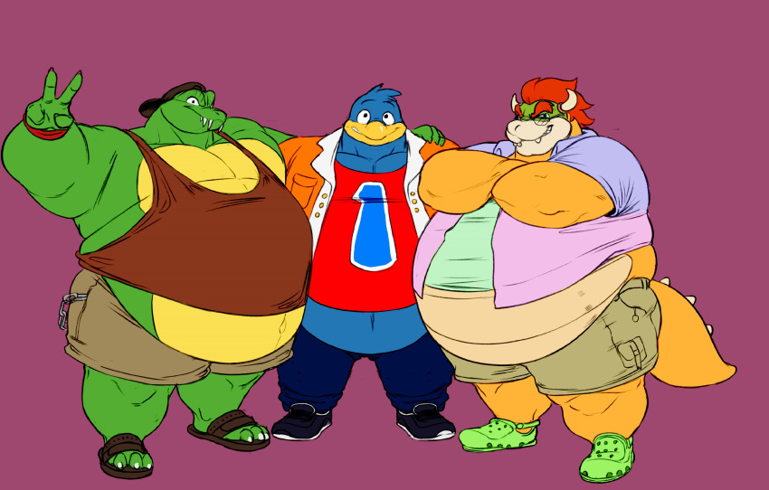 2018 3_toes absurd_res anthro avian belly big_belly bird bottomwear bowser clothed clothing crocodilian crocs donkey_kong_(series) eyewear footwear glasses group hat headgear headwear hi_res itzcharlie jacket king_dedede king_k._rool kirby_(series) koopa looking_at_viewer male mario_bros midriff navel nintendo obese obese_male overweight overweight_male penguin reptile sandals scalie shirt shorts smile sneakers tank_top toes topwear video_games
