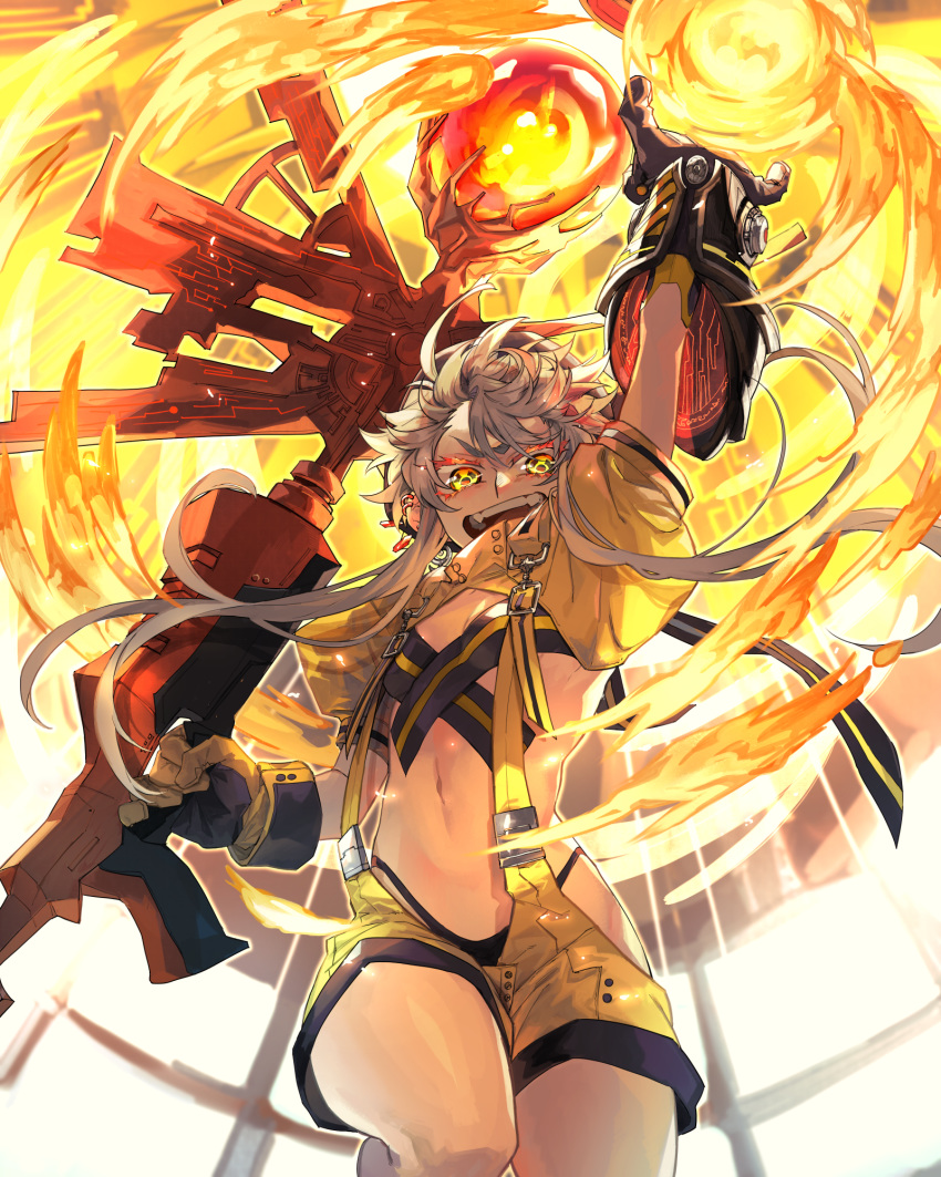 1girl :d arm_up black_panties breasts cleavage earrings eyelashes fangs fire gloves grey_hair highres holding holding_weapon jewelry looking_at_viewer magic navel open_mouth original panties short_hair_with_long_locks sidelocks small_breasts smile solo suspenders symbol-shaped_pupils teeth underwear weapon yarawi yellow_eyes