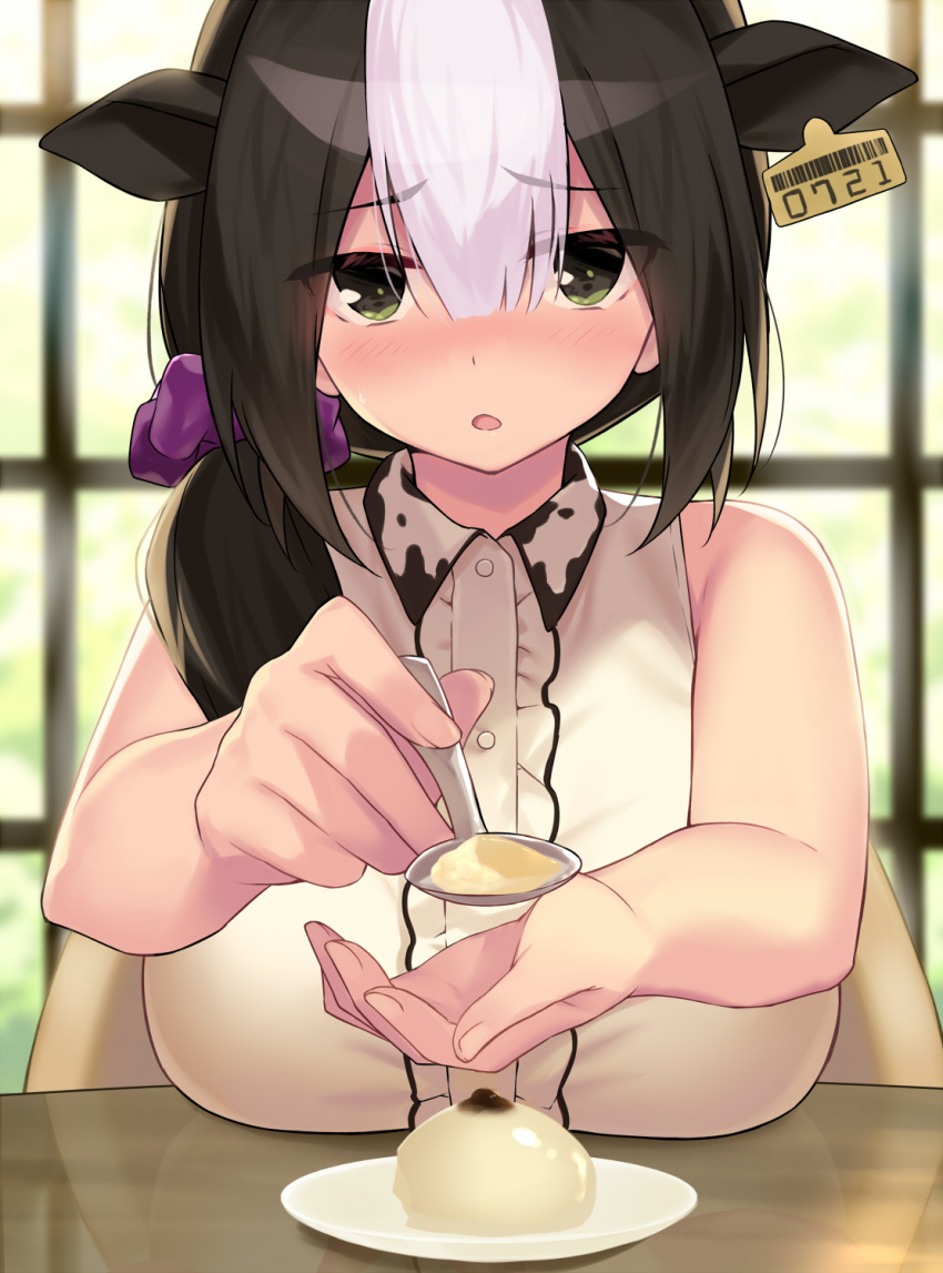 1girl animal_ears animal_print bare_shoulders black_hair blush breasts cccpo cow_ears cow_girl cow_print ear_tag food green_eyes highres holstein_(cccpo) looking_at_viewer multicolored_hair original pov pudding solo spoon two-tone_hair white_hair