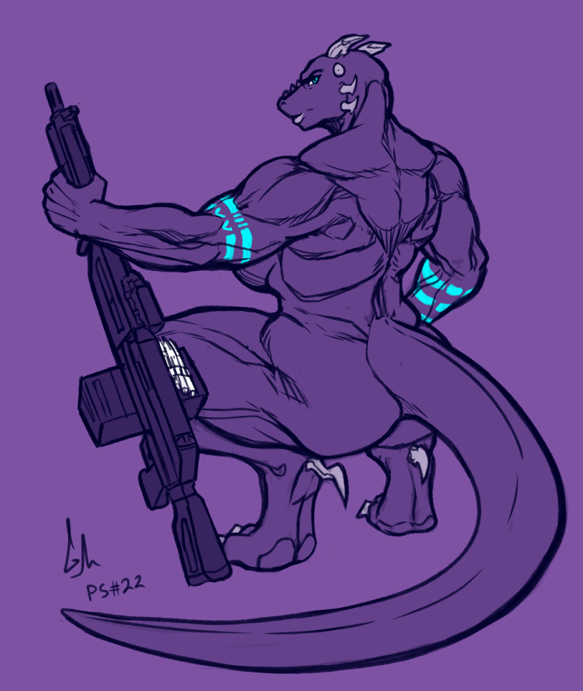 2018 ammunition anthro back_muscles bald big_breasts big_butt breasts butt claws crouching dewclaw digital_media_(artwork) facial_piercing female furgonomics furry-specific_piercing greasymojo gun hi_res holding_object holding_weapon horn huge_muscles lips looking_at_viewer looking_back machine_gun muscular muscular_female muzzle_piercing nose_piercing nude piercing pinup pose purple_background quads ranged_weapon reptile restricted_palette scalie serious simple_background sketch solo tattoo thick_bottom_lip thick_thighs toe_claws trenco viktoria_(beyxer) weapon