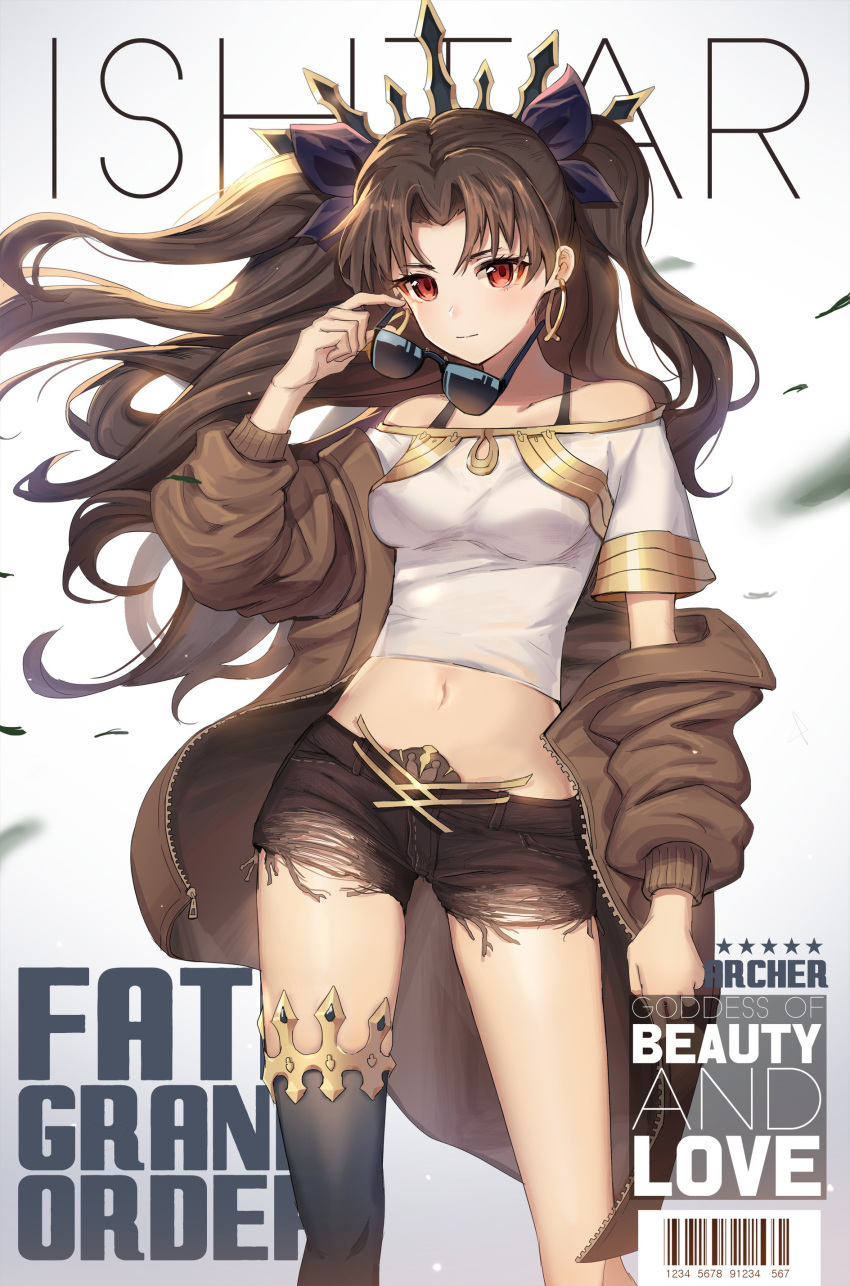 1girl absurdres barcode bare_shoulders belt black_ribbon breasts brown_hair brown_jacket casual character_name copyright_name cutoffs earrings english_text expressionless fake_magazine_cover fate/grand_order fate_(series) groin hair_ribbon highres hoop_earrings ishtar_(fate/grand_order) jacket jewelry long_hair medium_breasts midriff navel off_shoulder red_eyes removing_eyewear ribbon shorts solo twintails uuruung white_background