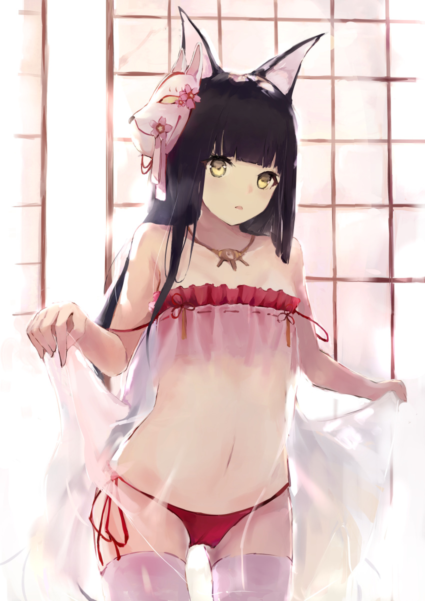 1girl absurdres animal_ear_fluff animal_ears azur_lane bare_arms bare_shoulders black_hair blush brown_eyes commentary_request cowboy_shot dress flower fox_ears fox_mask gluteal_fold hanagin highres indoors long_hair looking_at_viewer mask mask_on_head nagato_(azur_lane) navel panties parted_lips pink_flower red_panties see-through side-tie_panties solo standing strap_slip thighhighs underwear very_long_hair white_dress white_legwear