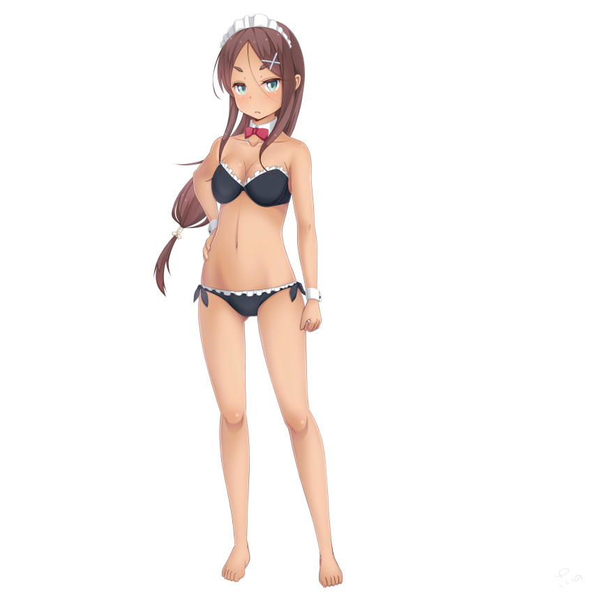 1girl absurdres ahagon_umiko bangs barefoot bikini bow bowtie breasts brown_hair cleavage collarbone dark_skin detached_collar floating_hair frilled_bikini frills full_body grey_eyes hair_between_eyes hair_ornament hand_on_hip highres long_hair looking_at_viewer maid_headdress medium_breasts navel new_game! parted_bangs parted_lips red_bow red_neckwear sainohikari simple_background solo standing strapless strapless_bikini swimsuit very_long_hair white_background wing_collar wrist_cuffs x_hair_ornament