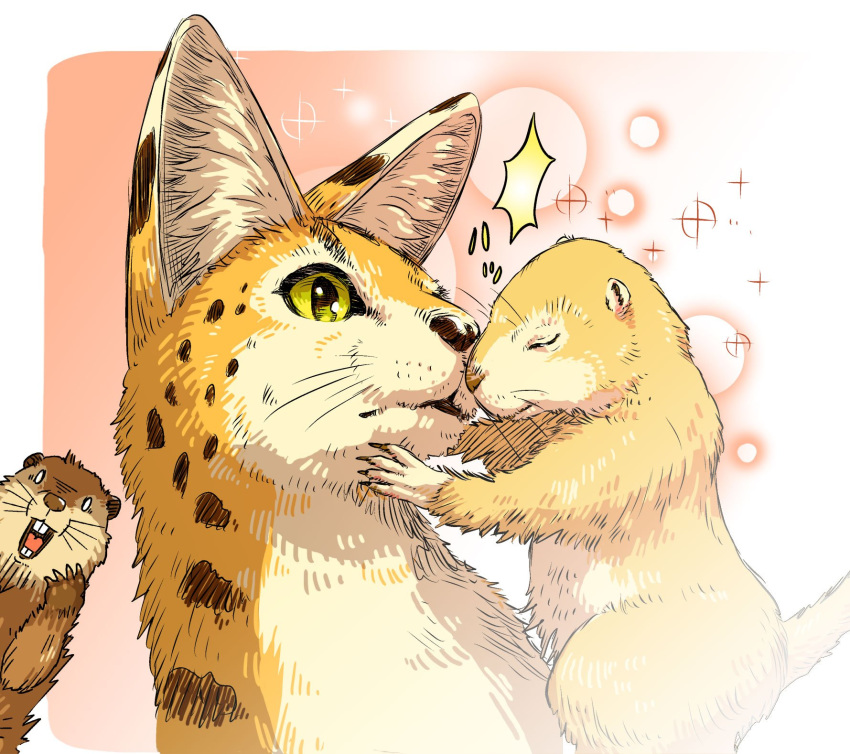 alternate_species ambiguous/ambiguous ambiguous_gender ameve beaver black_nose border buckteeth duo_focus ear_tuft felid feline feral feral_on_feral feralized ground_squirrel group hi_res kemono_friends mammal nuzzling prairie_(kemono_friends) prairie_dog rodent sciurid serval serval-chan size_difference slit_pupils sparkles surprise tagme taoi teeth tuft whiskers white_border yellow_eyes