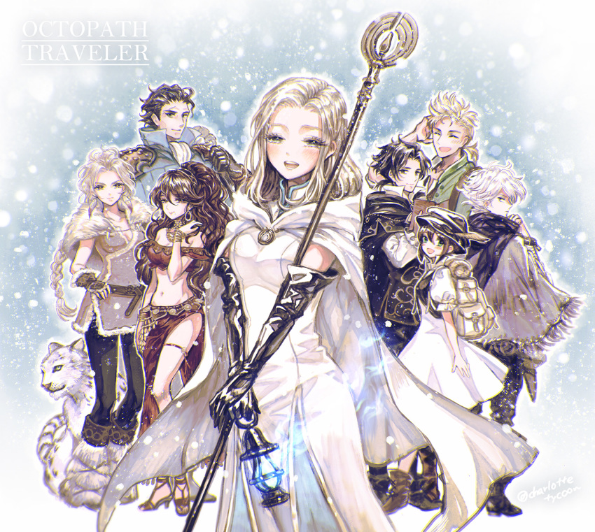 4boys 4girls :d ^_^ alfyn_(octopath_traveler) arm_at_side arm_up backpack bag bangs bare_shoulders belt black_gloves black_hair black_headwear black_pants black_scarf blonde_hair blue_background blue_fire blush book boots bracer braid breasts brown_eyes brown_gloves brown_hair cape capelet cleavage closed_eyes closed_mouth commentary_request copyright_name cropped_vest cyrus_(octopath_traveler) dancer dress earrings elbow_gloves expressionless eyes_closed fingerless_gloves fire forehead frilled_sleeves frills fringe_trim fur-trimmed_gloves fur_boots fur_capelet fur_trim gauntlets gloves green_eyes grey_cape h'aanit_(octopath_traveler) hair_between_eyes hand_on_hip hand_on_own_head hat_feather high_heels highres holding holding_book holding_staff jewelry knee_boots lantern long_hair looking_at_viewer looking_back low_ponytail medium_breasts medium_hair multiple_boys multiple_girls navel necklace octopath_traveler off_shoulder olberic_eisenberg open_book open_mouth ophilia_(octopath_traveler) pants parted_bangs pauldrons pelvic_curtain ponytail primrose_azelhart puffy_short_sleeves puffy_sleeves revealing_clothes sandals scarf short_sleeves shoulder_armor single_braid small_breasts smile snow_leopard snowing staff stomach takatora therion_(octopath_traveler) thighlet tressa_(octopath_traveler) white_dress white_hair