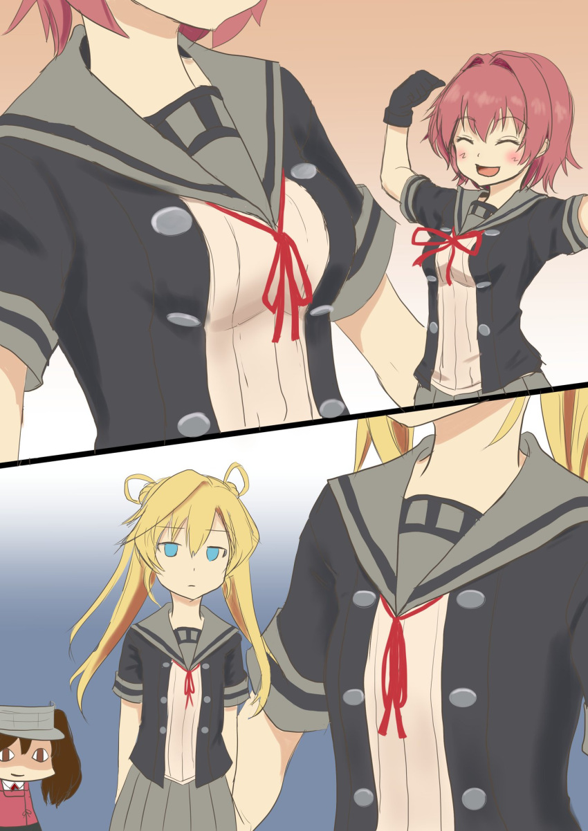 3girls abukuma_(kantai_collection) black_gloves black_jacket blonde_hair blue_background blue_eyes breast_envy breasts brown_background brown_eyes brown_hair commentary_request double_bun eyes_closed gloves gradient gradient_background grey_sailor_collar grey_skirt hair_rings highres jacket kantai_collection kinu_(kantai_collection) long_hair makura_(user_jpmm5733) medium_breasts multiple_girls neck_ribbon partly_fingerless_gloves red_hair red_ribbon remodel_(kantai_collection) ribbon ryuujou_(kantai_collection) sailor_collar school_uniform serafuku short_hair short_sleeves skirt smile twintails zoom_layer