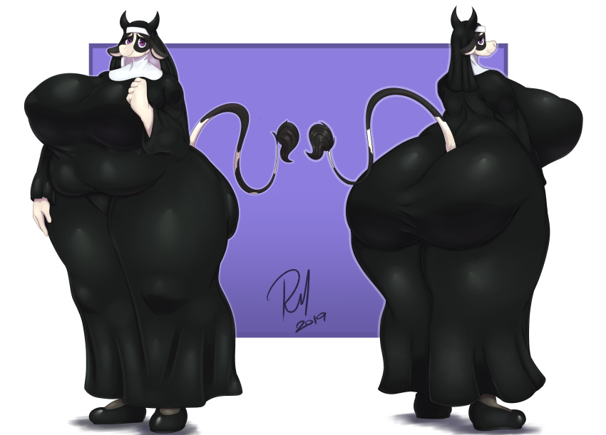 absurd_res big_breasts big_butt bovid bovine breasts butt cattle clothing female footwear hi_res horn huge_breasts huge_butt mammal nun overweight redmoon83 shoes thick_thighs wide_hips