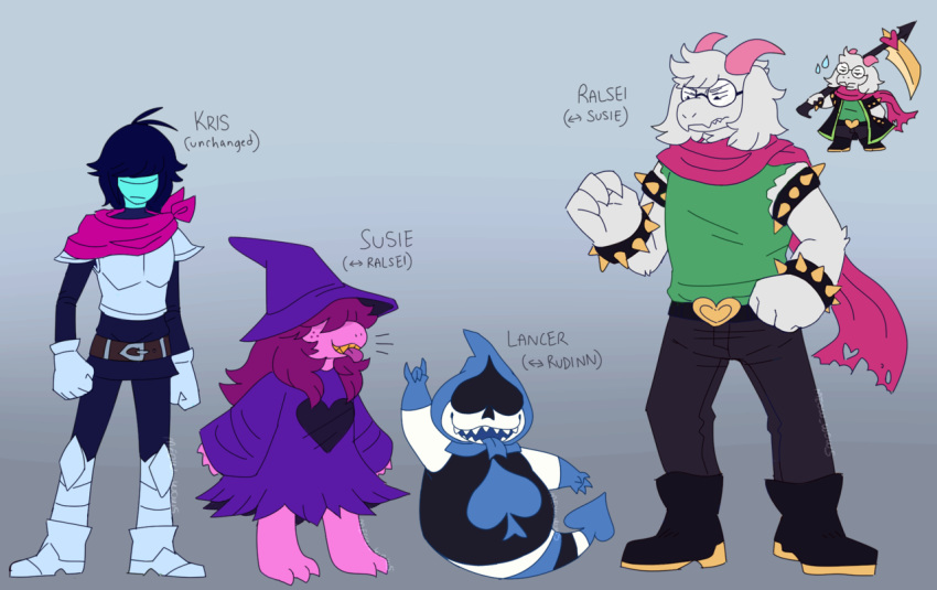 alternate_costume alternate_universe ambiguous_gender armor barefoot boots bovid caprine cheshire-cat's-waltz clothed clothing clothing_swap darkner deltarune eyewear female footwear fully_clothed glasses horn human kris_(deltarune) lancer_(deltarune) male mammal melee_weapon monster polearm ralsei rudinn scalie scarf scythe susie_(deltarune) video_games weapon