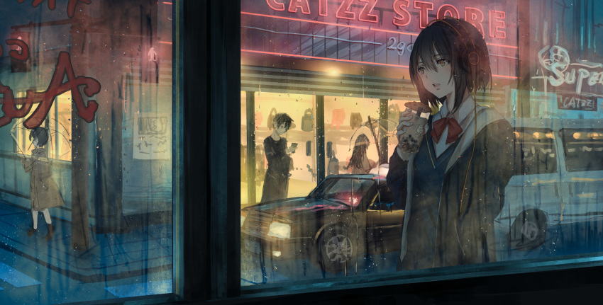 1boy 3girls black_hair black_jacket bow bowtie brown_eyes bubble_tea car catzz collared_shirt commentary_request cup disposable_cup drinking_straw ground_vehicle hand_in_pocket headphones highres holding holding_cup hood hood_down hooded_jacket jacket looking_away milk_tea motor_vehicle multiple_girls neon_lights night open_clothes open_jacket original outdoors rain shirt short_hair standing water_drop white_shirt window