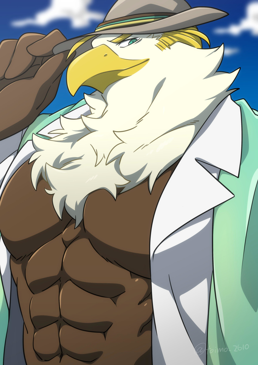 abs absurd_res accipitrid accipitriform anthro avian biceps bird blonde_hair blue_eyes brown_feathers clothed clothing eagle feathers hair hat headgear headwear hi_res male multicolored_feathers muscular muscular_male open_shirt pecs signature solo thunderbird_(tas) toimo_2610 tokyo_afterschool_summoners topwear two_tone_feathers video_games white_feathers