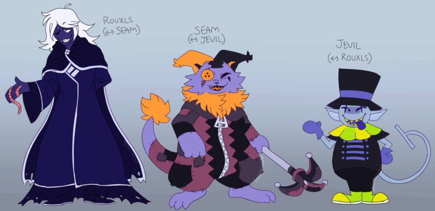 3_toes 4_fingers alternate_costume alternate_universe cheshire-cat's-waltz clothed clothing clothing_swap darkner deltarune felid feline fully_clothed hair hat headgear headwear humanoid jester jevil_(deltarune) male mammal robe rouxls_kaard seam_(deltarune) toes top_hat video_games white_hair