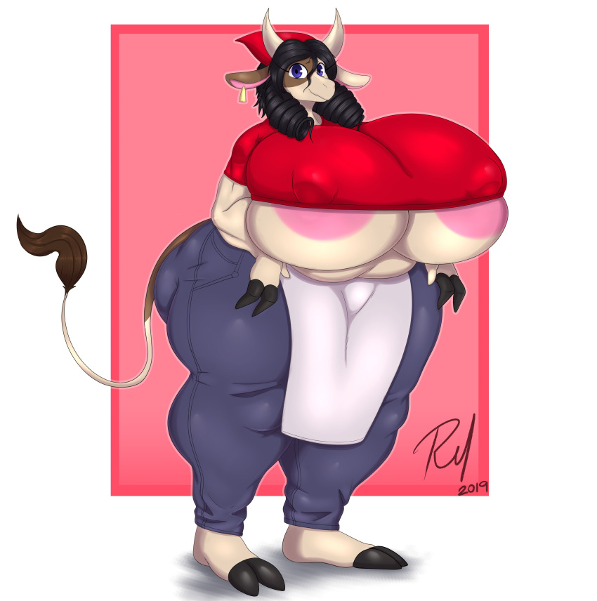 absurd_res apron areola bessie_(sssonic2) big_breasts big_butt black_hair bovid bovine breasts butt cattle clothing female hair hi_res horn huge_breasts huge_butt jeans mammal overweight pants redmoon83 shirt thick_thighs topwear waiter wide_hips