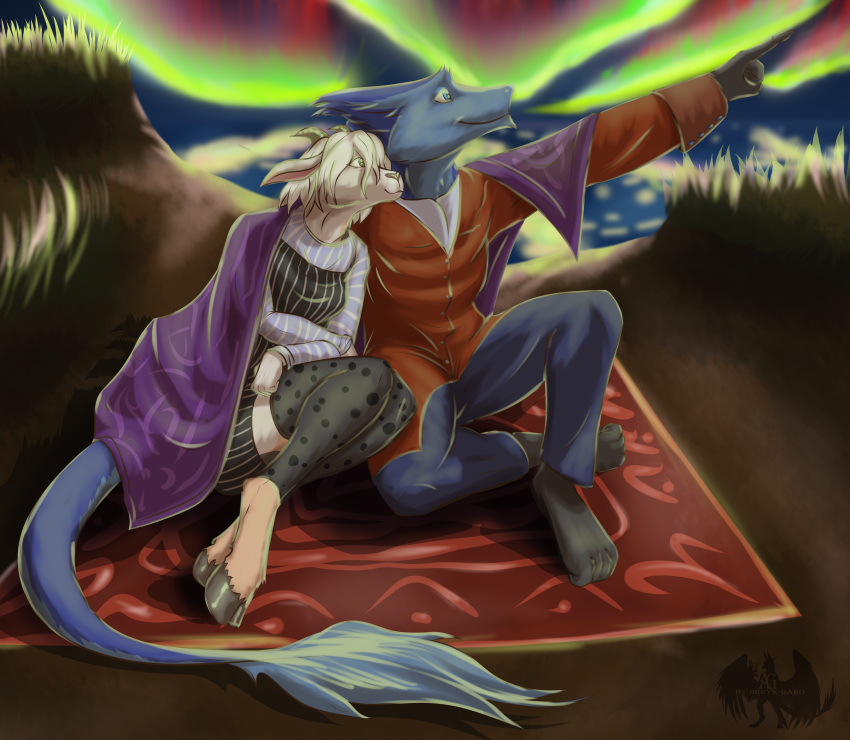 absurd_res arthur bovid caprine dreyk-daro female fur goat hi_res hooves hug indicates invalid_tag leelu lights love male mammal northern plaid romantic sergal two