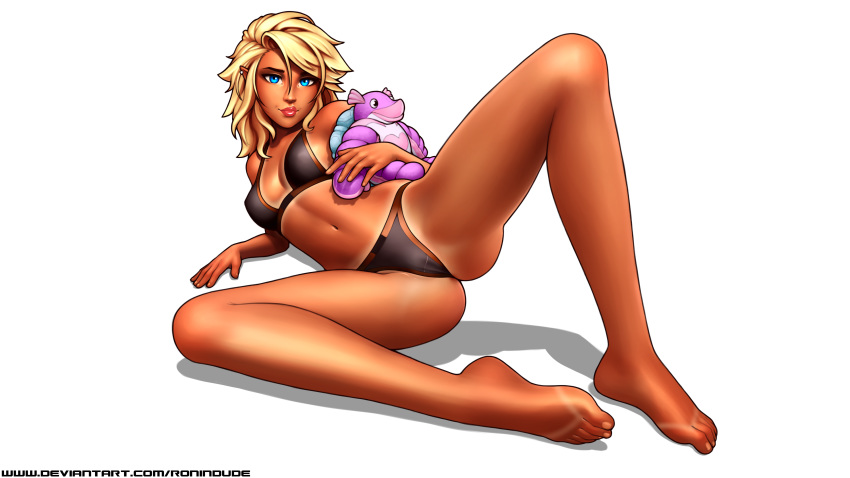 1girl absurdres bikini bikini_tan black_bikini blonde_hair blue_eyes breasts cameo commentary commission dark_skin earrings elf english_commentary erect_nipples full_body highres jewelry lips lipstick looking_at_viewer lying makeup makoa medium_hair navel nose on_side original paladins pointy_ears ronindude sassy_(ronindude) small_breasts solo spread_legs stuffed_toy swimsuit tan tanline toes watermark web_address white_background