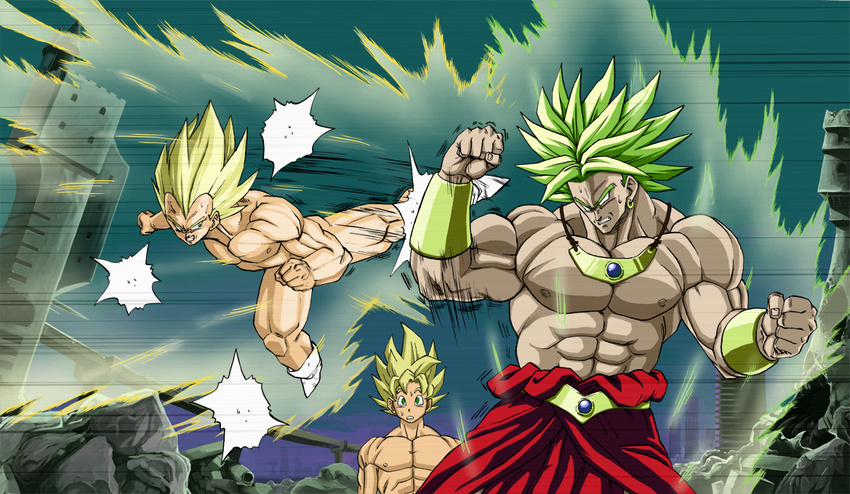 aura blonde_hair boots broly clenched_hand dragon_ball dragon_ball_z dragonball_z earrings eyebrows fighting jewelry kicking male male_focus mcenroe multiple_boys muscle nude shirtless son_goku son_gokuu spiked_hair super_saiyan sweat sweatdrop thick_eyebrows vegeta