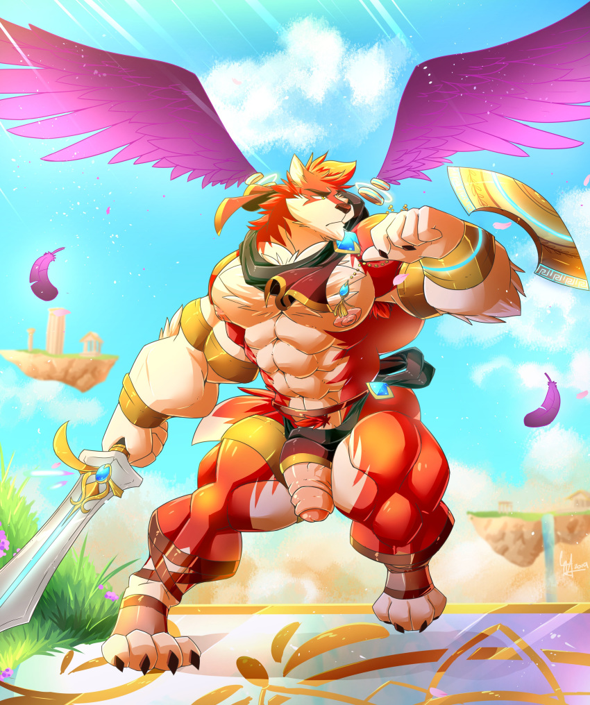 absurd_res anthro armpit_hair canid canine canis daikitei feathered_wings feathers flaccid hi_res humanoid_penis male mammal melee_weapon muscular muscular_male outside pecs penis pubes solo standing sword uncut weapon wings wolf