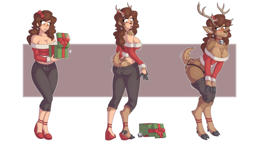 &lt;3 2018 ? absurd_res alpha_channel anthro antlers barefoot bell_collar big_breasts breast_expansion breasts brown_hair butt capreoline cervid chest_tuft christmas clothing collar ear_piercing ear_ring female footwear gift hair hi_res holidays hooves horn human human_to_anthro long_hair mammal pants piercing reindeer sequence shoes simple_background smile solo species_transformation standing surprise tail_growth transformation transparent_background tuft underwear unidentified-tf