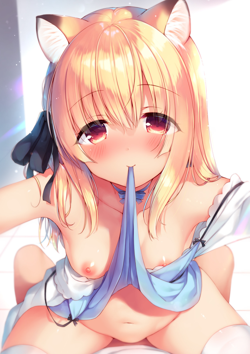 1girl absurdres animal_ear_fluff animal_ears bangs black_ribbon blonde_hair blue_dress blue_neckwear blunt_bangs blush breasts closed_mouth collarbone dress eyebrows_visible_through_hair fox_ears groin hair_between_eyes hair_ribbon highres long_hair looking_at_viewer mouth_hold navel neck_ribbon nipples no_bra no_panties non-web_source off_shoulder original outstretched_arms pov ribbon sazaki_ichiri shiny shiny_skin sidelocks small_breasts smile solo_focus stomach thighhighs white_legwear