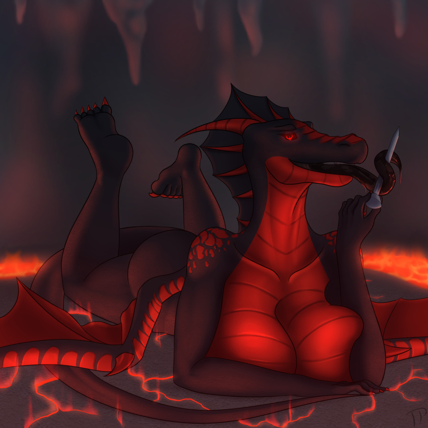 1:1 anthro big_breasts breasts butt cave claws dragon female hi_res lava lying nail on_chest on_front open_mouth quake saliva smile solo suggestive testowepiwko tongue tongue_out unusual_pupils wings