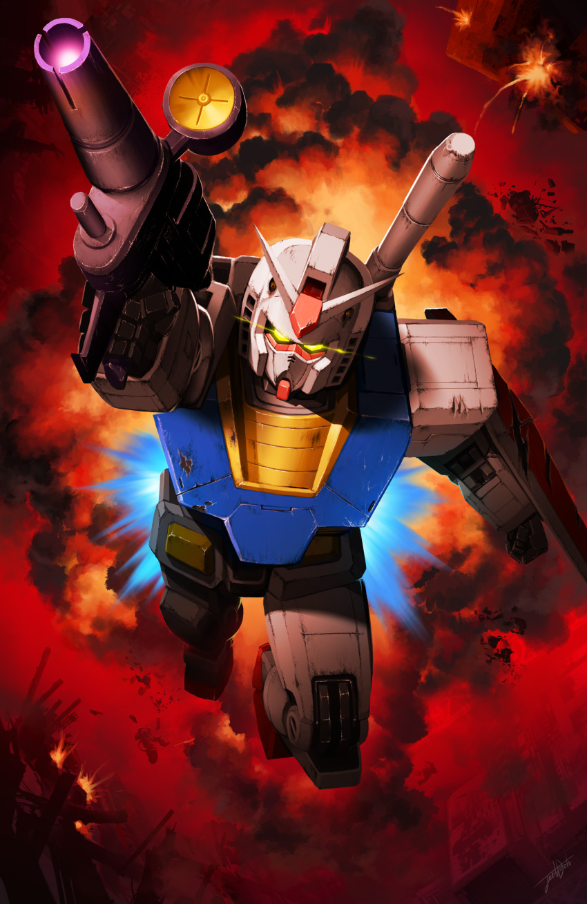 1other absurdres aiming battle battle_damage beam_rifle clenched_hand commentary earth_federation energy_gun english_commentary explosion flying foreshortening glowing glowing_eyes gundam highres jeetdoh mecha mobile_suit_gundam no_humans rx-78-2 shield solo thrusters weapon yellow_eyes