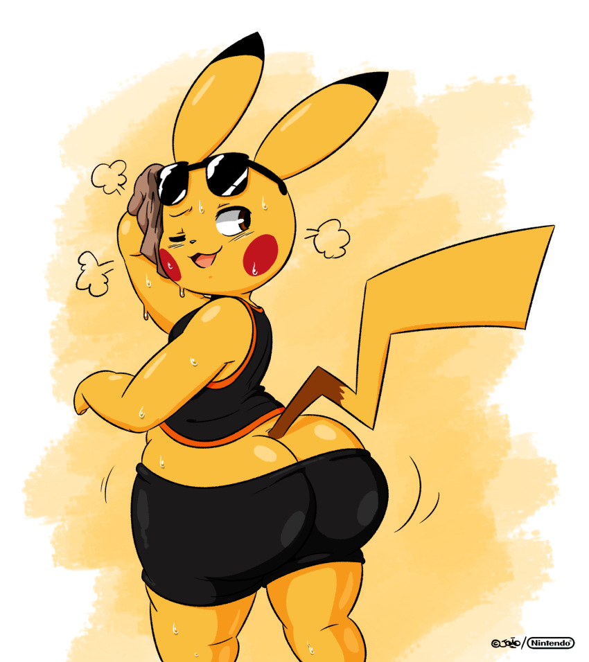 2019 big_booty_pikachu big_butt black_nose bottomwear breath brown_eyes butt cheek_spots clothing digital_media_(artwork) eyewear fur glasses hi_res huge_butt joaoppereiraus looking_back male nintendo one_eye_closed open_mouth panting pants pikachu pok&eacute;mon pok&eacute;mon_(species) red_cheeks scarf seductive simple_background slightly_chubby smile solo sweat tight_bottomwear tight_clothing tight_pants video_games yellow_background yellow_fur