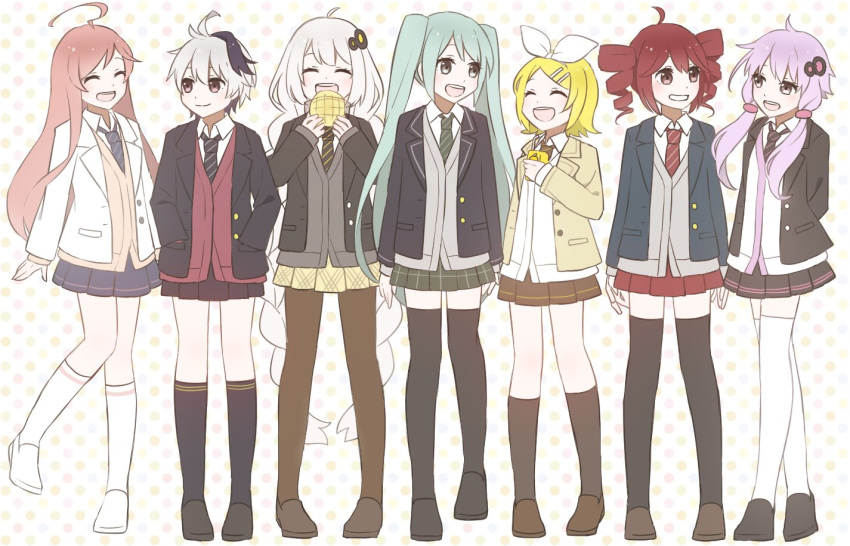 6+girls ahoge aqua_eyes aqua_hair blazer blonde_hair braid bread commentary drill_hair eating eyes_closed flower_(vocaloid) food full_body hair_ornament hatsune_miku holding holding_drink holding_food jacket juice_box kagamine_rin kasane_teto kizuna_akari kneehighs long_hair looking_at_another melon_bread multicolored_hair multiple_girls necktie nekomura_iroha polka_dot polka_dot_background purple_eyes purple_hair red_eyes red_hair short_hair short_hair_with_long_locks silver_hair skc skirt smile standing streaked_hair striped striped_neckwear thighhighs twin_braids twin_drills twintails utau v_flower_(vocaloid4) very_long_hair vocaloid white_hair yuzuki_yukari zettai_ryouiki