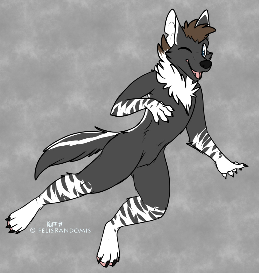 2019 4_toes 5_fingers anthro barefoot biped black_claws black_nose blue_eyes brown_hair claws digital_media_(artwork) featureless_crotch felisrandomis front_view fur grey_background grey_fur grey_stripes grey_tail hair hi_res hyaenid looking_at_viewer male mammal multicolored_fur multicolored_tail naturally_censored nude one_eye_closed open_mouth short_hair simple_background smile solo striped_fur striped_hyena stripes toe_claws toes two_tone_fur two_tone_tail white_fur white_tail wink