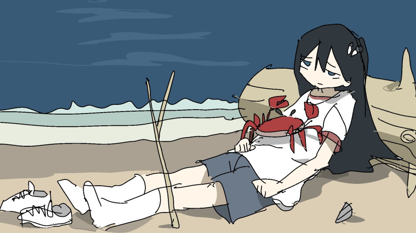 1girl black_hair crab highres mushroom shimeji_simulation shoes_removed shorts socks tsukishima_shijima tsukumizu_yuu