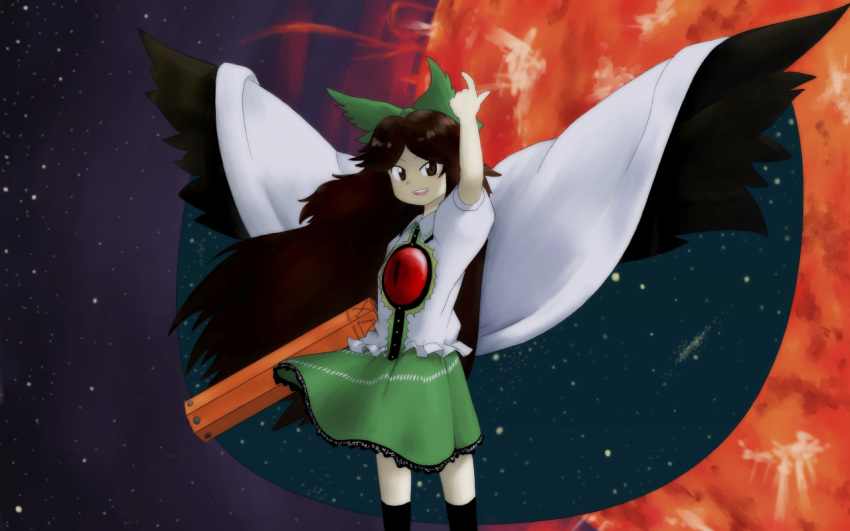 1girl :d arm_up bangs bird_wings black_legwear black_wings bow brown_eyes brown_hair cape collared_shirt control_rod feathered_wings green_bow green_skirt hair_bow kani_onigiri_(shottare) kneehighs legs_apart long_hair looking_at_viewer miniskirt official_style oota_jun'ya_(style) open_mouth parody parted_bangs puffy_short_sleeves puffy_sleeves reiuji_utsuho shirt short_sleeves skirt smile solo space star_(sky) style_parody sun teeth third_eye touhou very_long_hair white_cape white_shirt wings