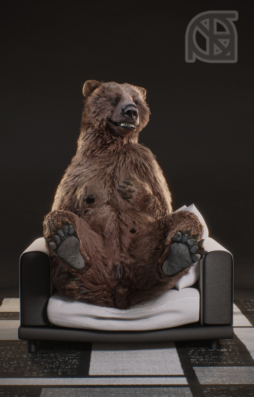 3d_(artwork) absurd_res animal_genitalia animal_pussy anthro anus anya_(cosmiclife) black_nose breasts brown_eyes brown_fur butt chair claws cosmiclife digital_media_(artwork) feet female feral fur hi_res hindpaw looking_at_viewer mammal multi_nipple nipples open_mouth pawpads paws pinup pose pussy realistic semi-anthro smile solo teats teeth ursid