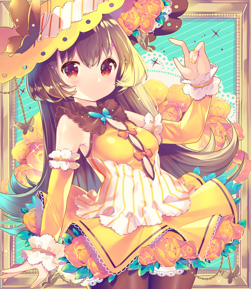 1girl absurdres arm_up bangs bare_shoulders blush bow breasts brown_hair brown_legwear butterfly_hat_ornament cleavage cleavage_cutout closed_mouth commentary_request detached_sleeves dress eyebrows_visible_through_hair fingernails flower hair_between_eyes hat hat_ornament highres ikari_(aor3507) long_hair long_sleeves looking_at_viewer nail_polish orange_bow orange_flower orange_rose original pantyhose picture_frame red_eyes rose sleeveless sleeveless_dress small_breasts solo very_long_hair yellow_dress yellow_flower yellow_headwear yellow_nails yellow_rose yellow_sleeves