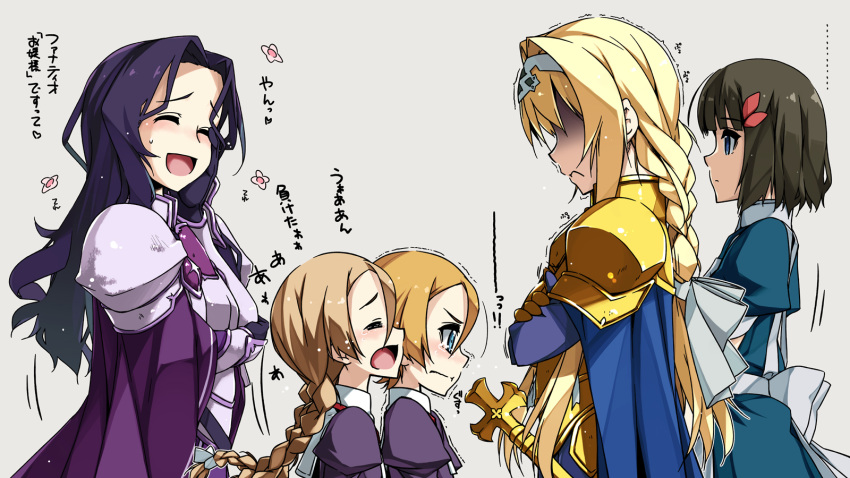 5girls :d alice_schuberg blonde_hair blue_cape braid braided_ponytail brown_hair cape character_request crossed_arms eyes_closed fanatio_synthesis_two fizel_(sao) from_side frown green_eyes grey_background hair_ornament hair_over_eyes hairband hand_on_own_cheek highres linel_(sao) long_hair multiple_girls open_mouth purple_cape purple_hair sheath sheathed shikei short_hair shoulder_armor simple_background single_braid smile spaulders standing sweatdrop sword sword_art_online trembling twin_braids twintails walking weapon white_hairband
