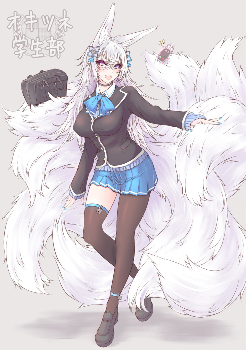 1girl :d animal_ears ankleband asymmetrical_legwear bag bell black_footwear black_legwear black_shirt blue_bow blue_eyes blue_nails blue_skirt bookbag bow breasts cellphone fox_ears fox_tail full_body grey_background hair_between_eyes hair_ornament heterochromia highres jingle_bell large_breasts long_hair long_sleeves looking_at_viewer nail_polish open_mouth original phone purple_eyes school_uniform shirt shoes simple_background single_thighhigh skirt smartphone smile solo standing suzuneko_(yume_no_kyoukai) tail thighhighs very_long_hair white_hair