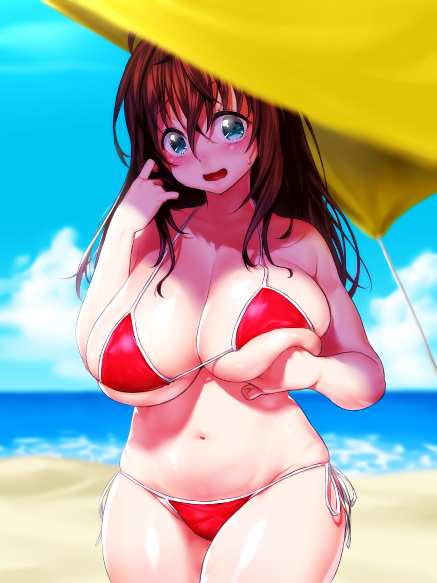 1girl beach bikini blue_eyes blue_sky blurry blurry_background blurry_foreground blush breast_lift breasts brown_hair cloud commentary_request cowboy_shot curvy day hair_between_eyes halter_top halterneck hand_up highres huge_breasts legs_together long_hair looking_at_viewer navel ocean onsoku_maru open_mouth original plump red_bikini sand shiny shiny_skin side-tie_bikini side-tie_bottom skindentation sky solo standing sweatdrop swimsuit tareme