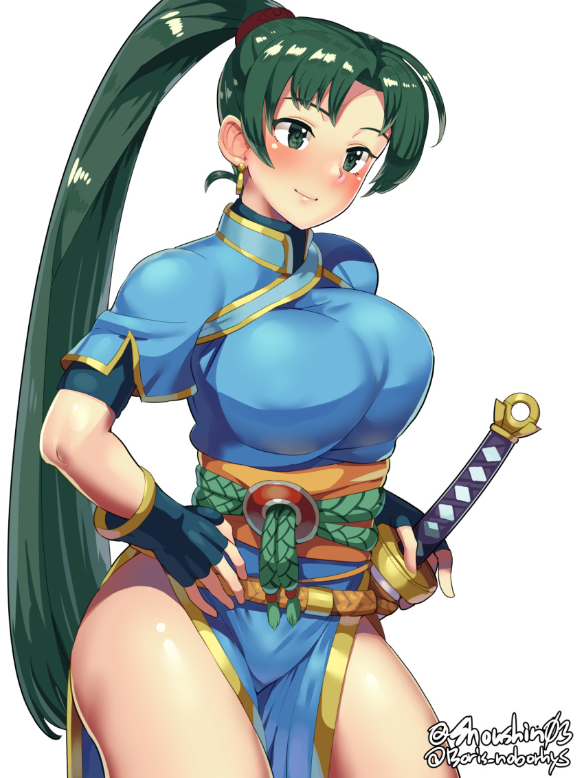 1girl blue_gloves blush boris_(noborhys) breasts dress earrings fingerless_gloves fire_emblem fire_emblem:_rekka_no_ken gloves green_eyes green_hair high_ponytail highres jewelry large_breasts long_hair lyndis_(fire_emblem) nintendo pelvic_curtain ponytail short_sleeves side_slit simple_background smile solo sword thighs twitter_username very_long_hair weapon white_background