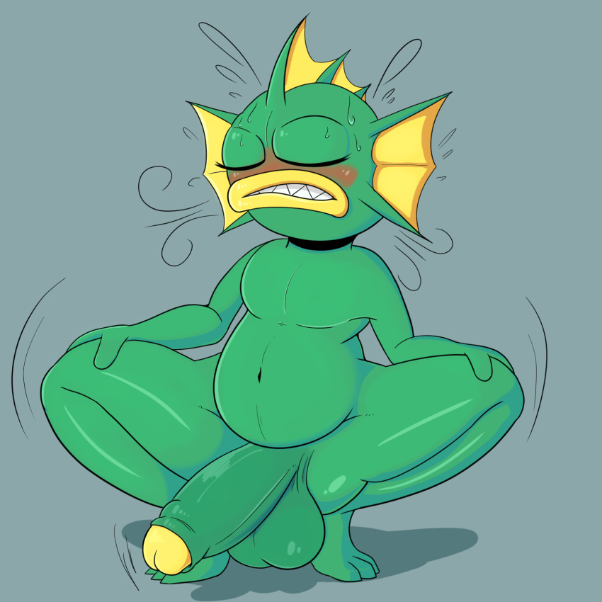 1:1 2019 3_toes anthro balls big_balls big_penis blush crouching exercise eyes_closed fish fish_(nuclear_throne) green_balls green_penis green_skin grey_background hi_res humanoid_penis male marine motion_lines not_safe_for_reality nuclear_throne penis sharp_teeth simple_background solo spread_legs spreading sweat teeth toes