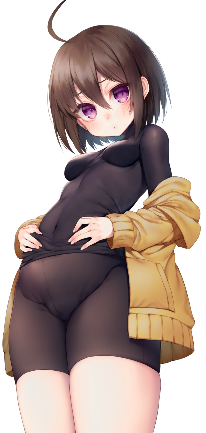 1girl absurdres ahoge bangs bike_shorts breasts brown_hair colored_eyelashes commentary_request covered_navel cowboy_shot crotch_seam eyebrows_visible_through_hair from_below groin hair_between_eyes hands_on_own_stomach highres himegi_you jacket linne long_sleeves looking_at_viewer looking_down off_shoulder open_clothes open_jacket parted_lips purple_eyes shirt short_hair small_breasts solo tareme taut_clothes taut_shirt under_night_in-birth v-shaped_eyebrows yellow_jacket