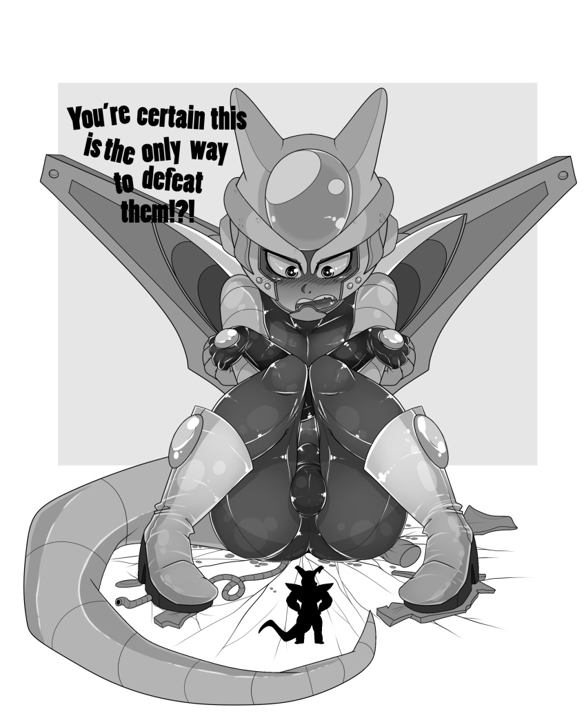 absurd_res alien armor balls blush clothed clothing destruction digital_media_(artwork) dragon_ball dragon_ball_z duo embarrassed enookie fan_character footwear greyscale headgear hi_res humanoid macro male micro monochrome not_furry open_mouth shoes simple_background size_difference text