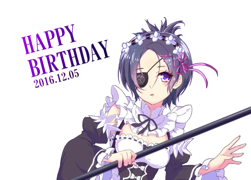 1girl birthday blush breasts chrome_dokuro cleavage commentary_request dress eyepatch happy_birthday katekyo_hitman_reborn! looking_at_viewer purple_eyes purple_hair short_hair simple_background solo weapon white_background