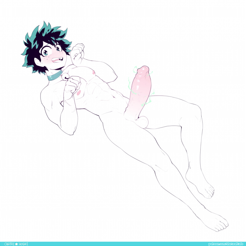 1boy abs bell bell_collar boku_no_hero_academia collar erection feet freckles green_eyes green_hair highres huge_penis looking_at_viewer lying male_focus midoriya_izuku muscle nedoiko nervous nipples nude open_mouth paw_pose penis smile solo testicles thighs uncensored white_background