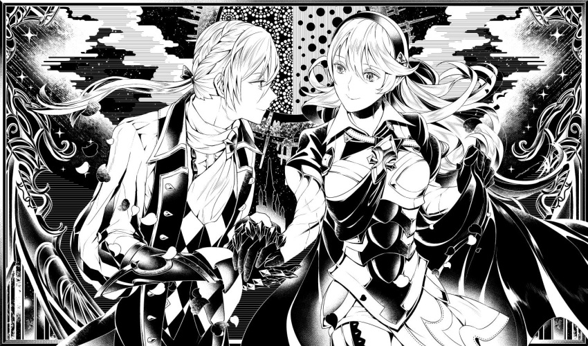 1boy 1girl amatari_sukuzakki armor butler cape female_my_unit_(fire_emblem_if) fire_emblem fire_emblem_if greyscale holding holding_hand joker_(fire_emblem_if) long_hair monochrome my_unit_(fire_emblem_if) nintendo pointy_ears ponytail smile