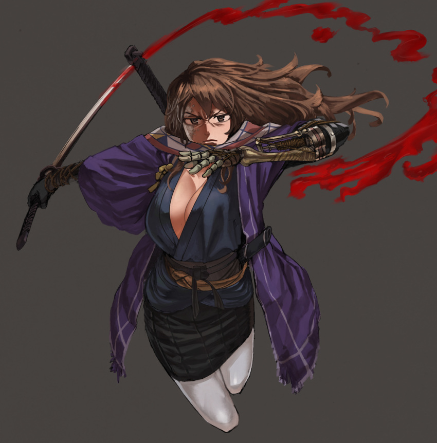 1girl ashigara_(kantai_collection) blood blood_splatter bloody_weapon breasts brown_eyes brown_hair burn_scar cleavage commentary_request cosplay fighting_stance graphite_(medium) grey_background kantai_collection large_breasts long_hair looking_at_viewer mechanical_arm ninja ninjatou no_bra pantyhose prosthesis prosthetic_arm reverse_grip s_kengo scabbard scar scar_across_eye sekiro sekiro:_shadows_die_twice sekiro_(cosplay) sheath solo traditional_media weapon white_legwear