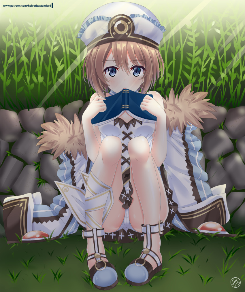 1girl ankle_ribbon ass bare_legs bare_shoulders blanc blue_eyes blush book brown_hair cameltoe coat coat_removed dress full_body fur-trimmed_coat fur_trim hair_between_eyes hat helvetica_5tandard highres holding holding_book knees_up light_rays looking_at_viewer medium_hair neptune_(series) on_grass open_mouth outdoors panties pantyshot pantyshot_(sitting) ribbon signature sitting sitting_on_ground solo spaghetti_strap sunset underwear white_dress white_panties white_ribbon