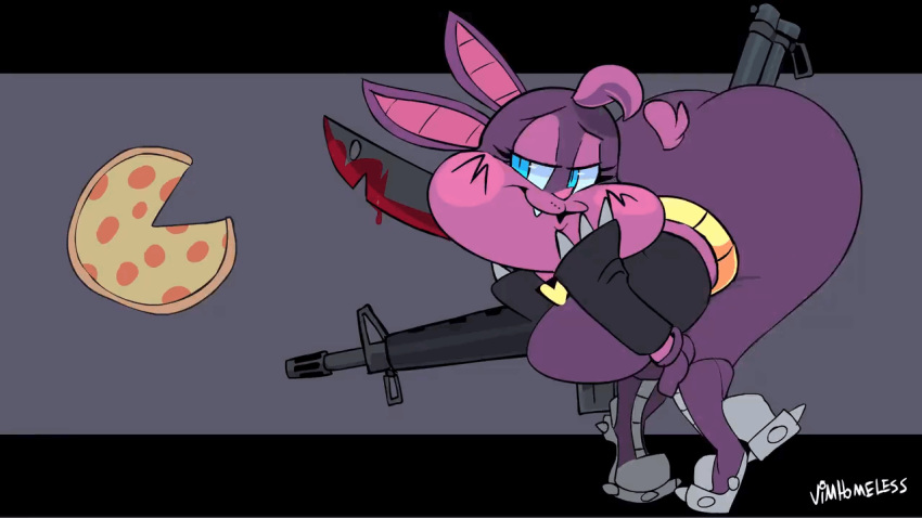 16:9 2019 animated bent_over big_butt blade blood_on_weapon blue_eyes blush breasts butt chiropteran clothed clothing female food fur gun loading_screen mammal pizza purple_fur ranged_weapon signature solo sophie_slam text vimhomeless weapon