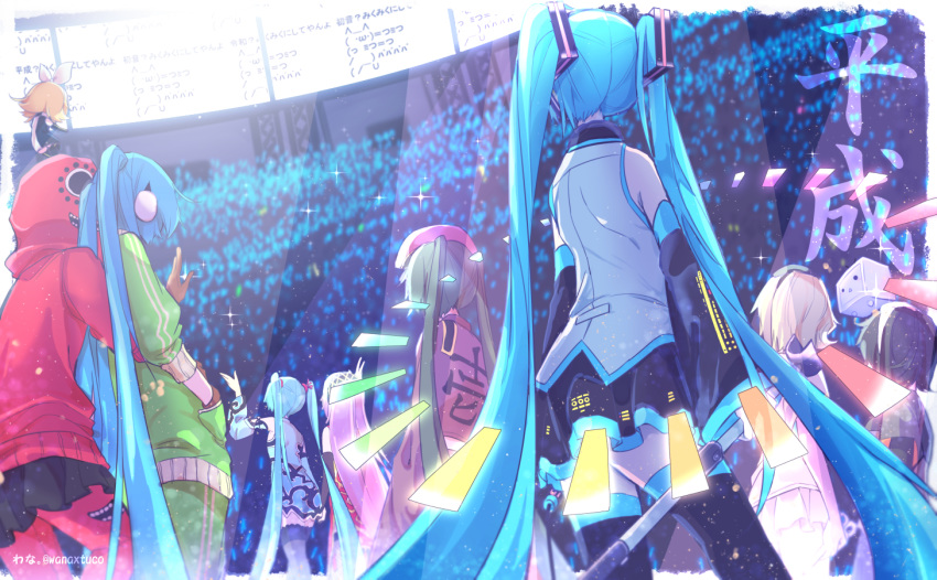 6+girls aqua_hair audience bare_shoulders blonde_hair commentary concert detached_sleeves floating floating_object from_behind green_hair gumi hatsune_miku headphones heisei hood hoodie hug hug_from_behind instrument japanese_clothes kagamine_rin keyboard_(instrument) long_hair matryoshka_(vocaloid) megurine_luka melt_(vocaloid) miku_miku_ni_shite_ageru_(vocaloid) minigirl mosaic_roll_(vocaloid) multiple_girls multiple_persona pink_hair senbon-zakura_(vocaloid) shirt short_hair skirt sleeveless sleeveless_shirt terebi-chan thighhighs track_suit twintails twitter_username very_long_hair vocaloid wanaxtuco waving world's_end_dancehall_(vocaloid) zettai_ryouiki